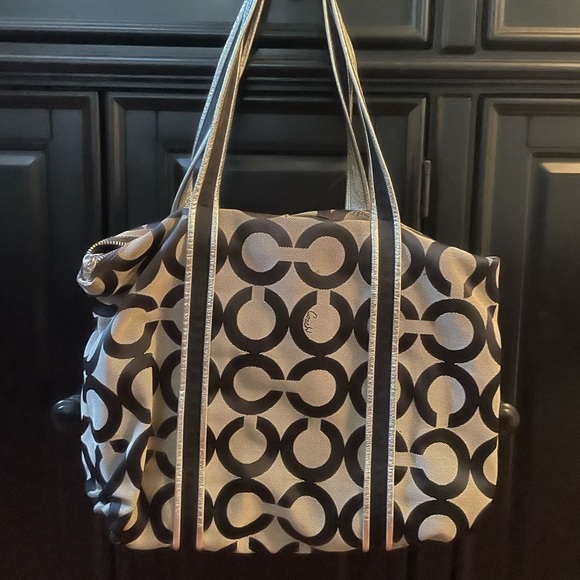 Vintage Poppy Coach Purse/Bag - Tan/Silver/Black w/ Purple Interior - Picture 2 of 6